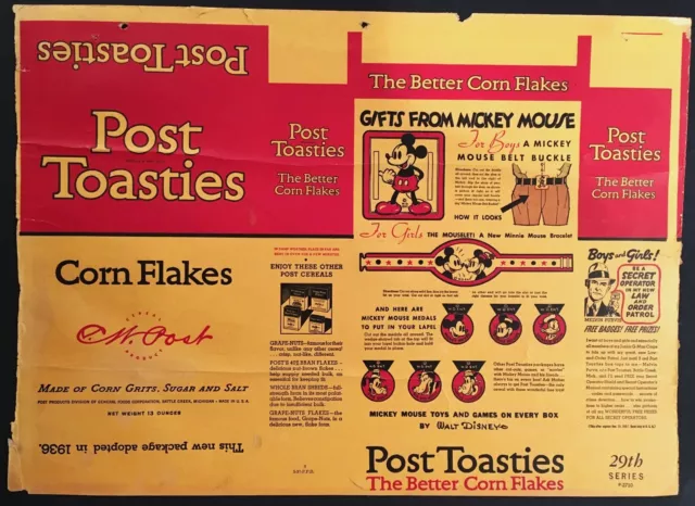 1937 Mickey Mouse Post Toasties Cereal Box - Factory Flat - Disneyana - Jr G-Man