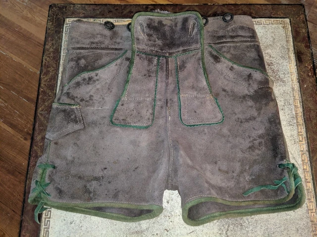 Vintage Antique Suede Leather Children's Grey w Green Trim Lederhosen