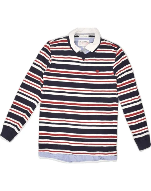 VINTAGE Boys Long Sleeve Polo Shirt 9-10 Years Navy Blue Striped Cotton KY05