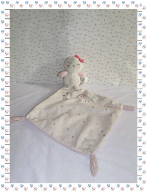 ② - Doudou Peluche  Oiseau  Blanc Rose Mouchoir Broderies Cœurs  Pat & Ripaton