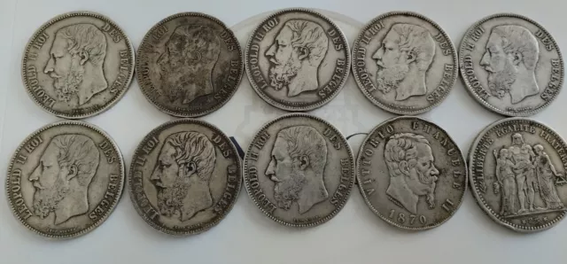 lot 10 ecus argent de 5 francs Leopold II / 5 lire Vittorio Emanuele / hercule