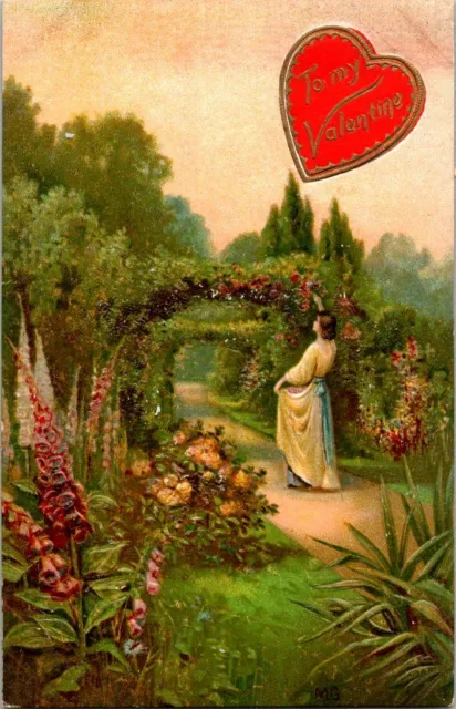 VTG Postcard Valentine Garden Arch Flowers California Germany Embossed  1205