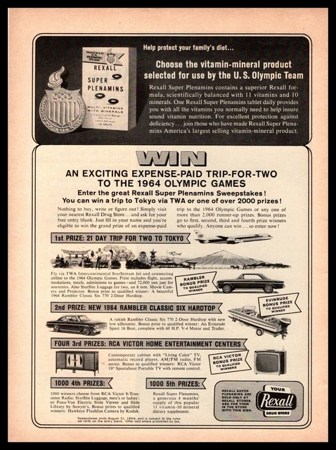1964 Rexall Drug Store Super Plenamins U.S. Olympic Team Vitamins TWA Print Ad