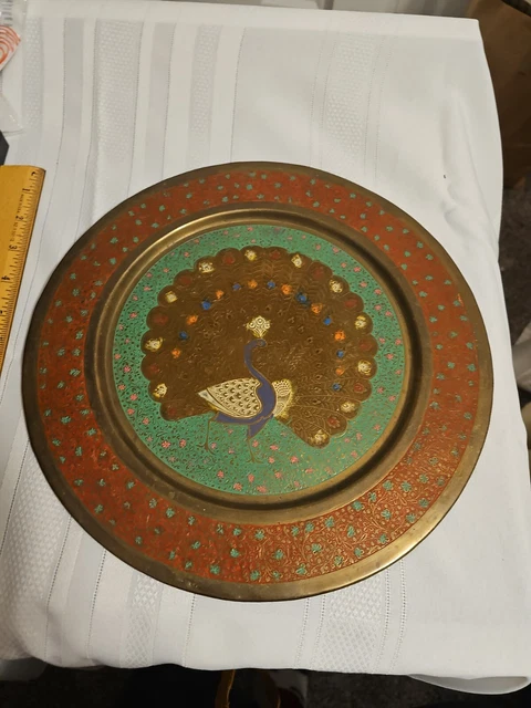 Vintage Brass Peacock Plate Tray Enameled Etched Wall Hanging Decorative 12"