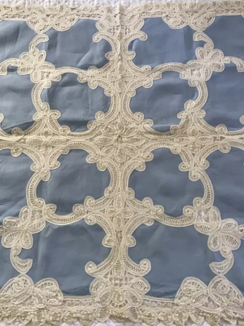 FAB! Antique Handmade Ecru Battenburg Lace w Blue Linen Table Topper 35" x 33"