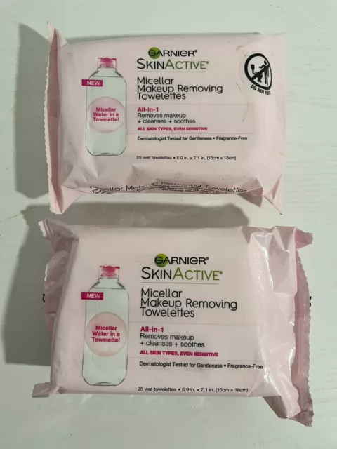 2 PACK Garnier SkinActive Micellar Makeup Removing Towelettes 25 count