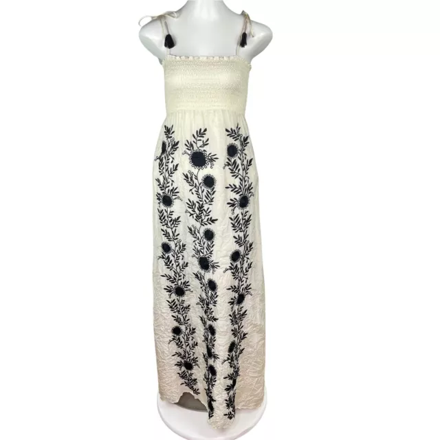 Juicy Couture Cream Black Flower Embroidered Silk Maxi Dress Womens Sz P Petite