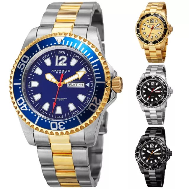 Men's Akribos XXIV AK947  Diver Style Day Date Stainless Steel Bracelet Watch