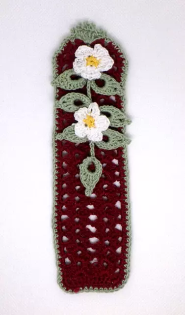 Crochet BOOKMARK 6.25"  - White Spring Flowers, Leaves, BURGUNDY - Handmade /NEW