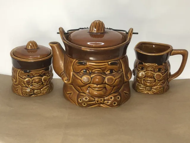 Vintage Brown Ceramic Ben Franklin Tea Set with Sugar Bowl and Creamer