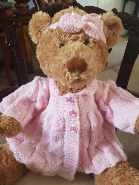 Hand Knitted Teddy Bear Clothes Pink Coat /headband Ft 16" Ted