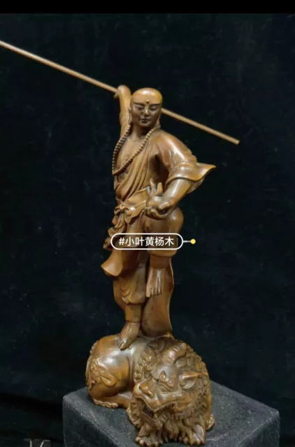 8" Collect China Box-Wood Hand Carving Bodhisattva "立神兽地藏王菩萨" Statue