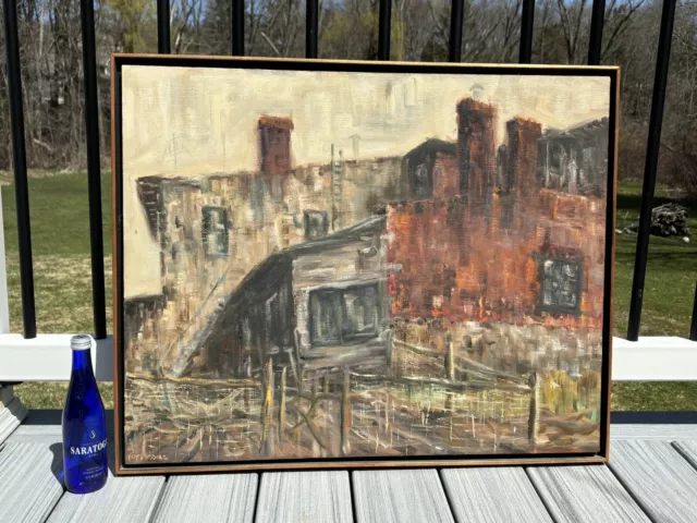 1960s impressionist oil painting industrial landscape Signed