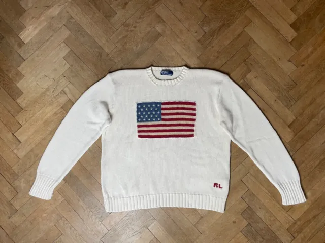 Vintage Polo Ralph Lauren Cream USA American Flag Cotton Sweater Pullover  XXL