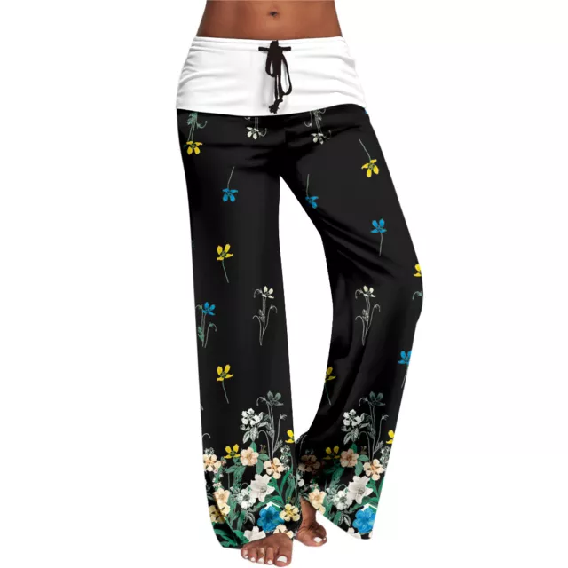 Womens Spring Floral Printed Casual Pants Ladies Wide Leg Loose Trousers Bottoms