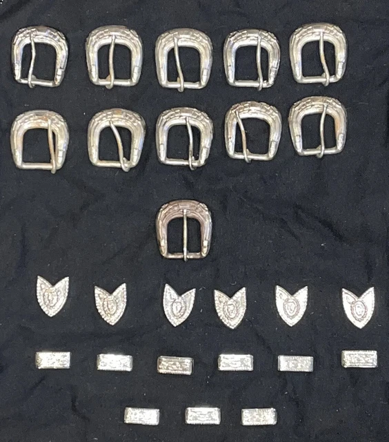 Vintage Lot of  26 Silver Tone Western Belt 11 Buckles 9 Slides 6 Tips Crafting
