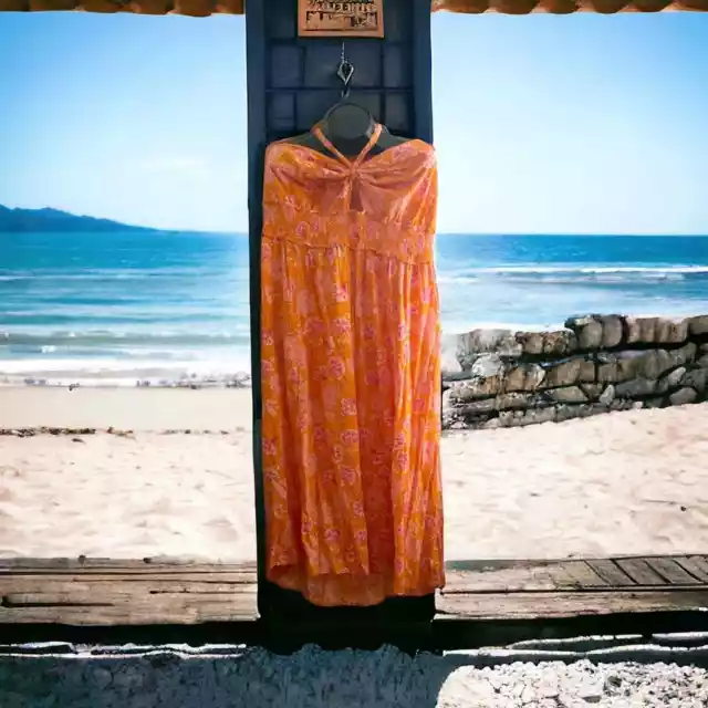 Old Navy Women's PLUS Size 3X Orange Floral Halter Maxi Dress with Pockets Beach