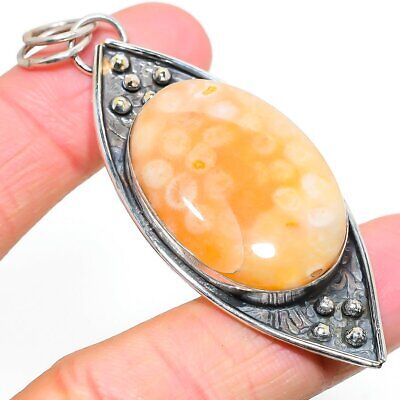 Fossil Coral Gemstone Handmade 925 Sterling Silver Jewelry Pendant 2.84"