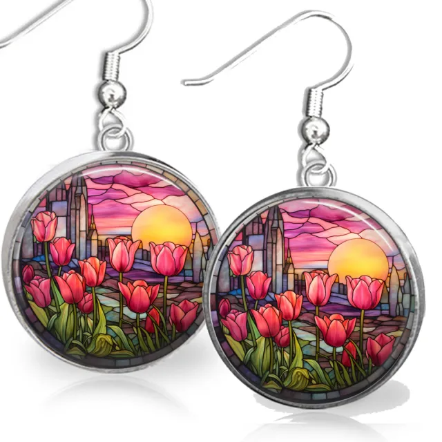 Faux Stained Glass Art Pink Tulip City Garden Buildings Sunset Gift Earrings