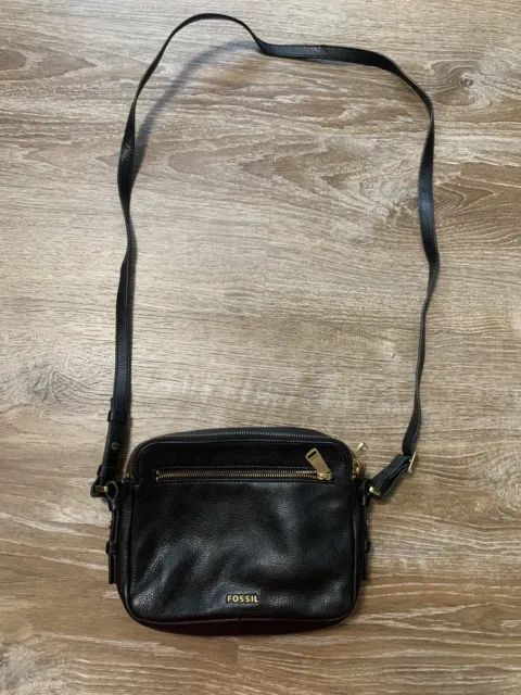 Fossil Crossbody Purse Pebbled Black Leather Small Bag