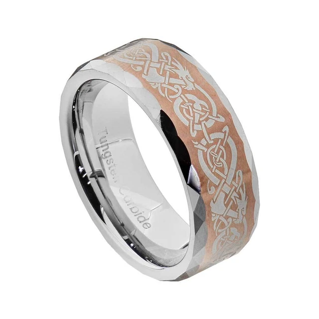 8mm Tungsten Brush Top Facet Edge Band Dragon Celtic Scroll Men's Wedding Ring
