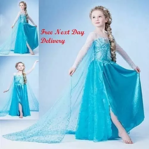 Frozen Vestido Elsa Azul Plateado Princesa Niñas Jugar Fiesta Guantes GB Stock