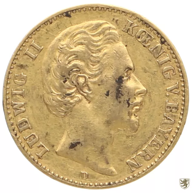 BAYERN, 10 Mark, 1877 D, Ludwig II., Jg. 196, GOLD, schön/sehr schön