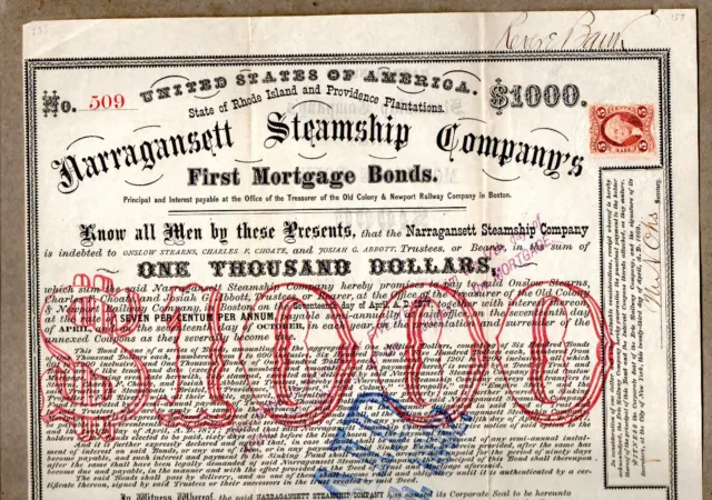 1869 Narragansett Steamship Company Rhode Island $1000 Mortgage Bond Certificate