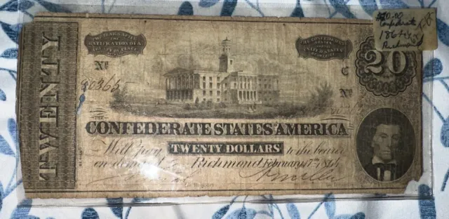 United States Confederate 20 Dollars 1864 Banknote Good As Shown $20