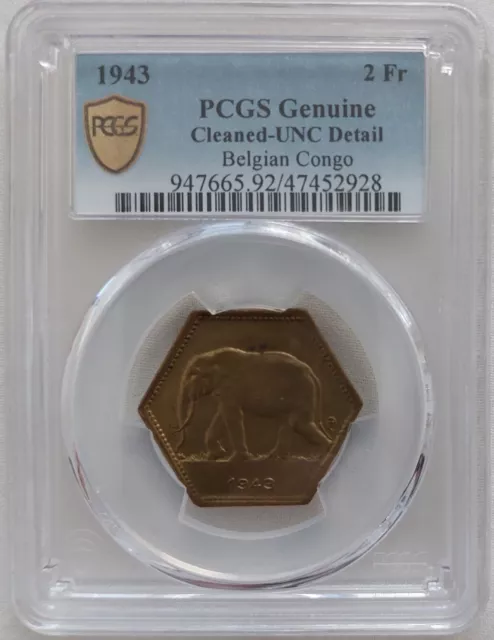 Belgian Congo 2 Francs Hexagonal Coin 1943 Year Km#25 Elephant Pcgs Grading