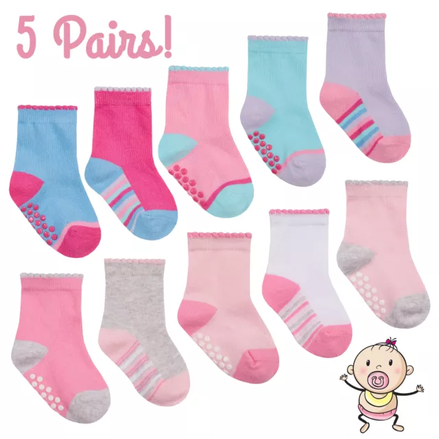 Baby Girls Newborn 5 Pairs Socks with Grippers Scallop Edge Anti Slip Stripes UK