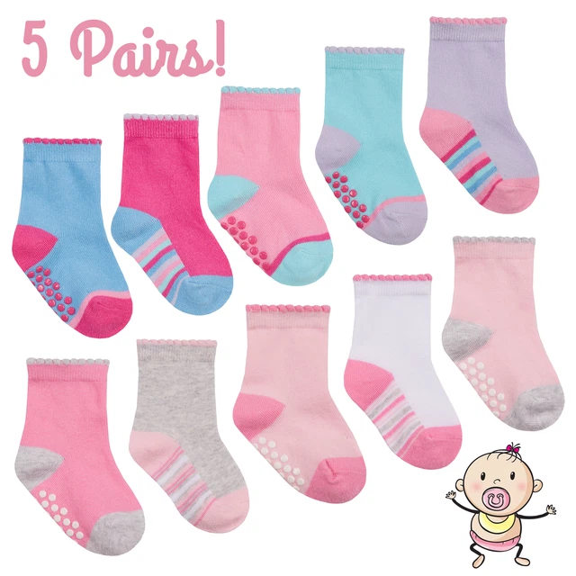 Baby Girls Newborn 5 Pairs Socks with Grippers Scallop Edge Anti Slip Stripes UK