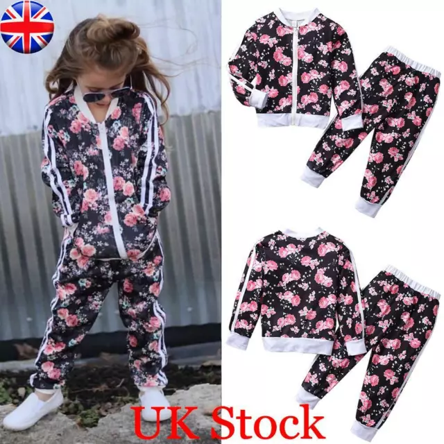 A 2PCS Toddler Kids Baby Girls Floral Tracksuit Sweatshirt Tops Pants Outfit Set