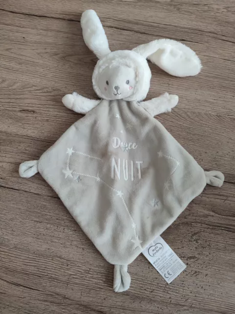 Doudou Plat MOTS D'ENFANTS Ours  Lapin gris blanc Douce Nuit 3 dispo comme neuf