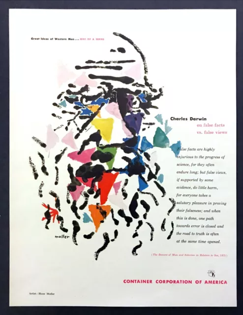 1954 Charles Darwin False Facts & Views Quote art by Hans Moller CCA print ad