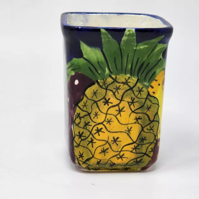 Talavera Pottery Square Cup Vase Fruit Pineapple Blue Vintage Mexico 4-1/4" High