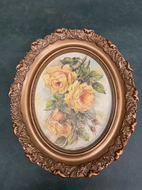 Original Signed Oil Painting of flowers in a vase in a gold Wooden Oval frame