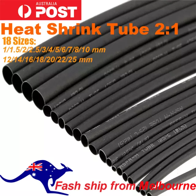 Heat Shrink Tube Black 2M Tubing Cable Insulation & Wire Sleeve Ratio 2:1