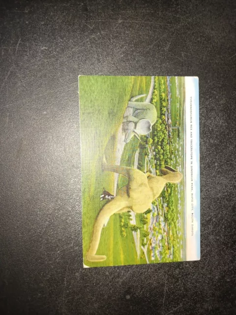 vintage postcard Tyrannosaurus Rex and Triceratops Rapid City SD Linen unposted 2