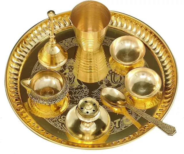 Latón Pooja Thali Juego 20.3cm, Pital Puja Placa, Arti para Diwali De Artículos