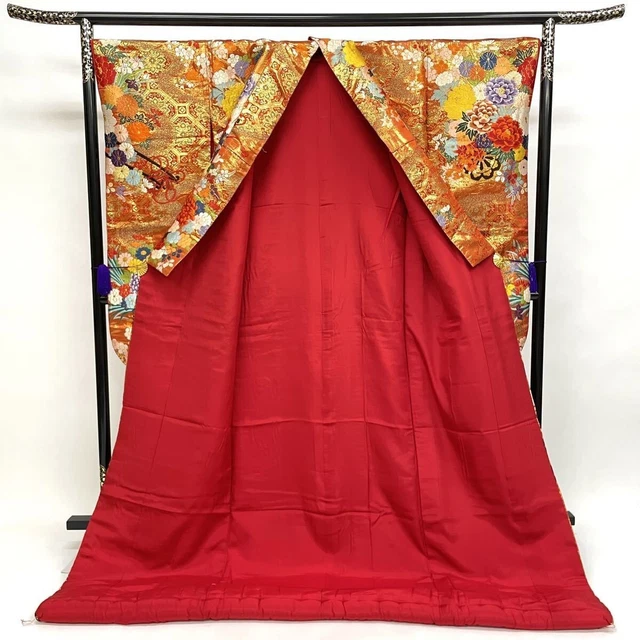 Japanese Kimono Uchikake Luxurious Wedding Embroidery Pure Silk Flower Red K460 3