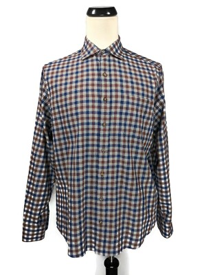 J Hilburn Brown Blue Check Button Up Long Sleeve Shirt Size XL