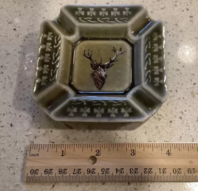 Vintage WADE Irish Porcelain Ash Tray W/ Deer Head & Clover, Green