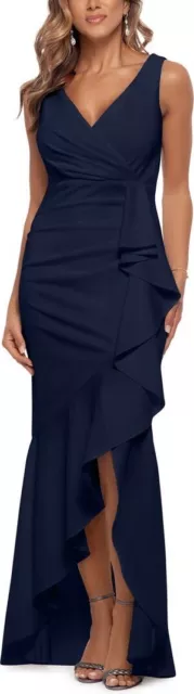 BETSY & ADAM Navy V-NECK Ruched CASCADE RUFFLE High-Low EVENING GOWN Sz14 Defect