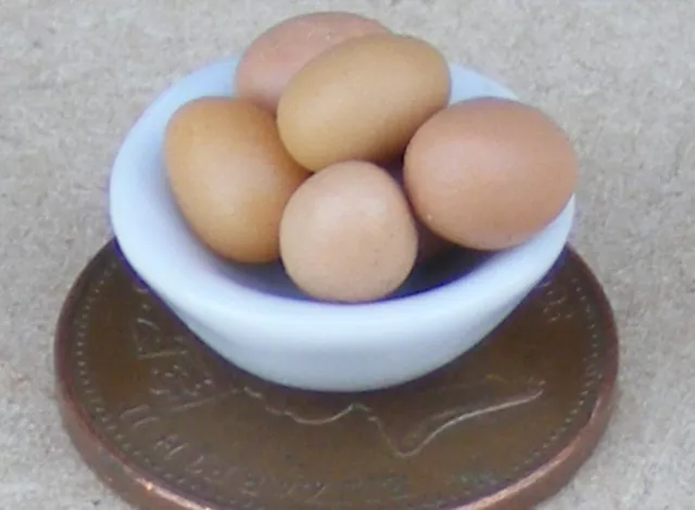 6 Small Brown Eggs In A Bowl Tumdee 1:12 Scale Dolls House Kitchen Accessory