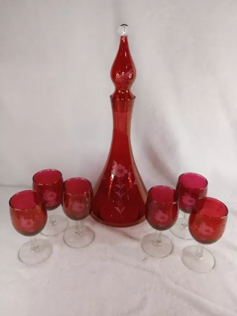 Vintage Cranberry Red Bohemian Cut To Clear Glass Etched Decanter Set