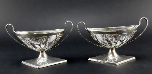 Classical Pair German 800 Silver Filigree Openwork Navette Salt Cellars