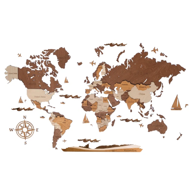 WOODEN WORLD MAP Classic with Borders and Country Names map wooden map