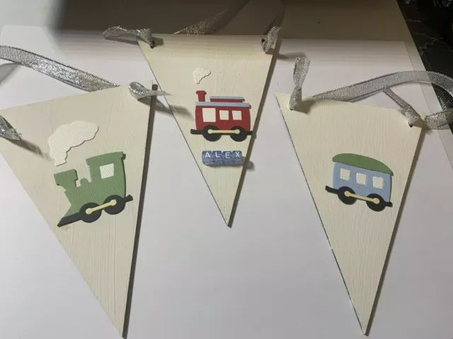 Set 3 Steam Train theme Wooden Hangers Pennant Flag 3D Personalised 3D