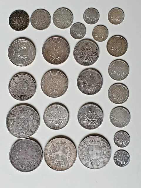 Lot de pièces de monnaie en argent diverses  261 gr Francs Euros et autres 2